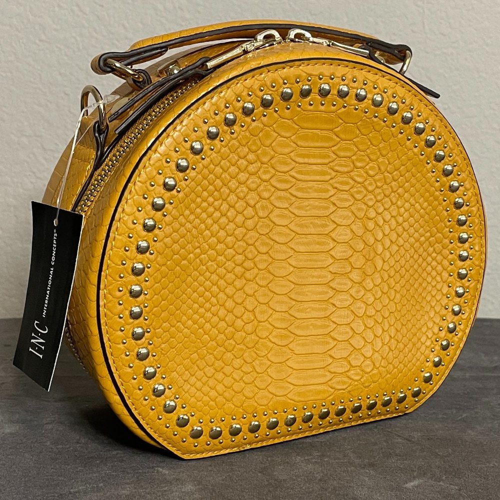 INC International Concepts Yellow Leather Round Box Purse with Adjustable Strap